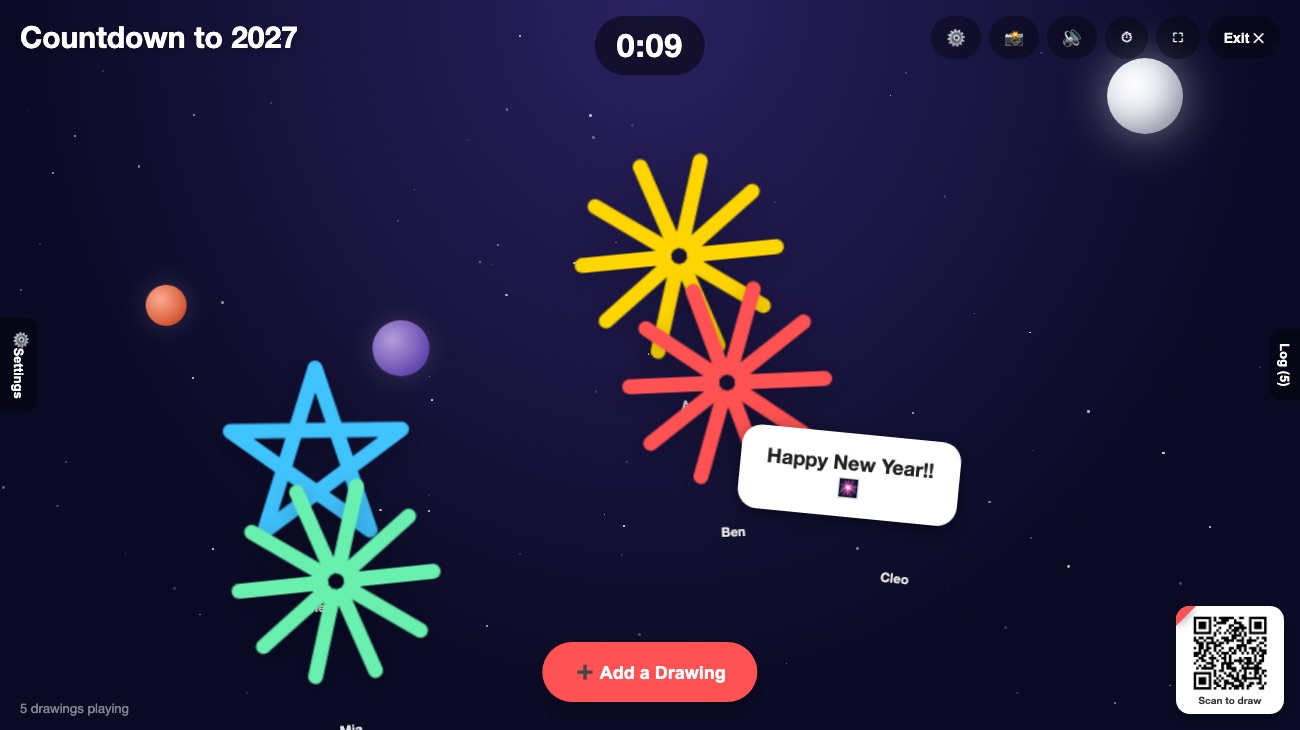 A space-themed countdown wall with fireworks doodles and a live timer counting down to midnight, sent in from guests' phones