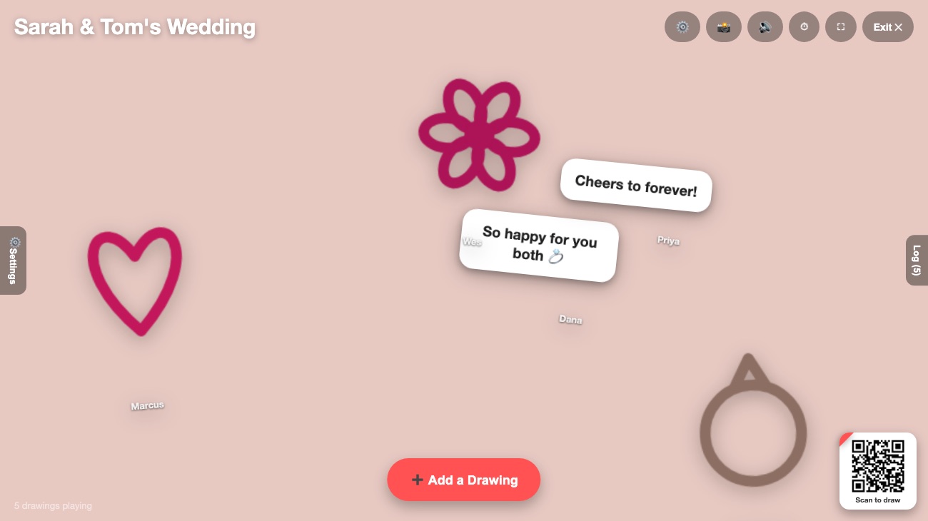 An elegant blush-toned drawing wall filling with hearts, rings, and well-wishes from wedding guests sent live from their phones